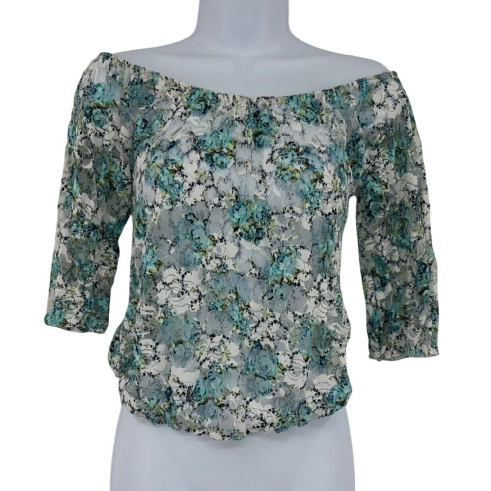 Body Central Sheer Lace Floral Top Sz M Y2K Fairy Grunge Off Shoulder Coquette